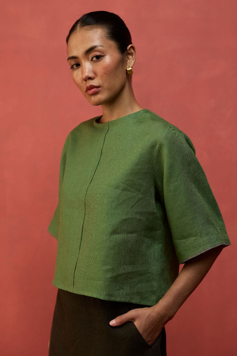 Mariko Cropped Linen Co-ord Set - Fern Green by Manan for in Singapore