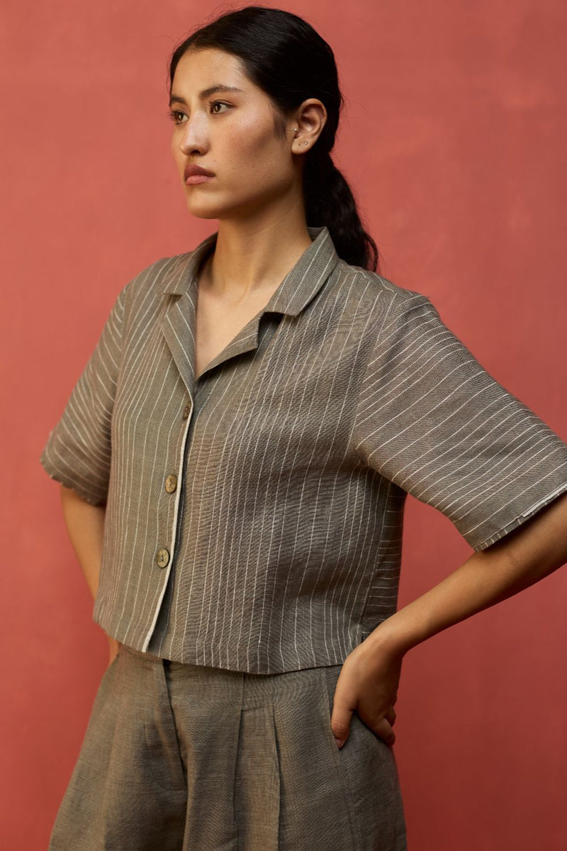 Shiro Stripe Linen Co-ord Set - Grey by Manan for in Singapore