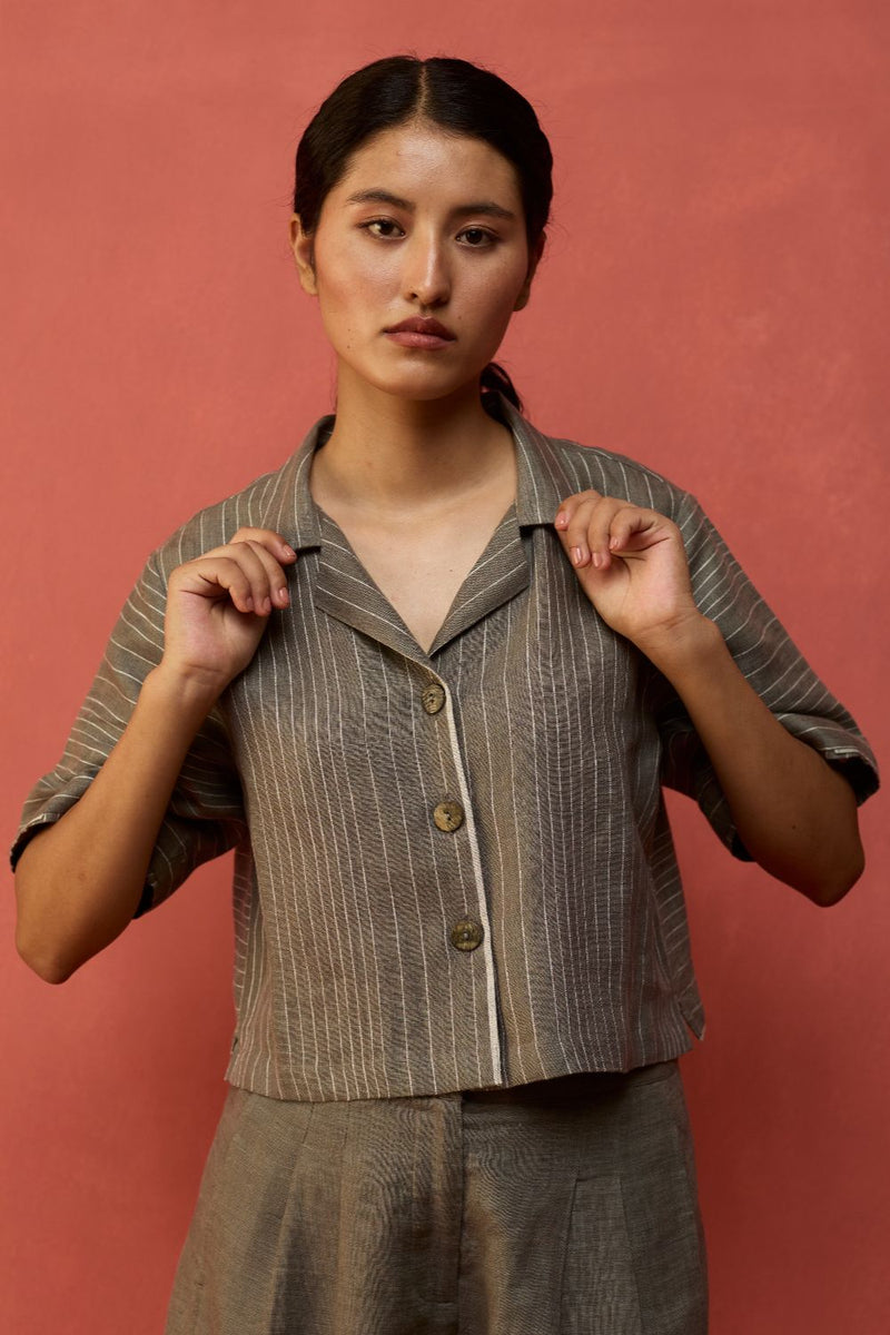 Shiro Stripe Linen Co-ord Set - Grey by Manan for in Singapore