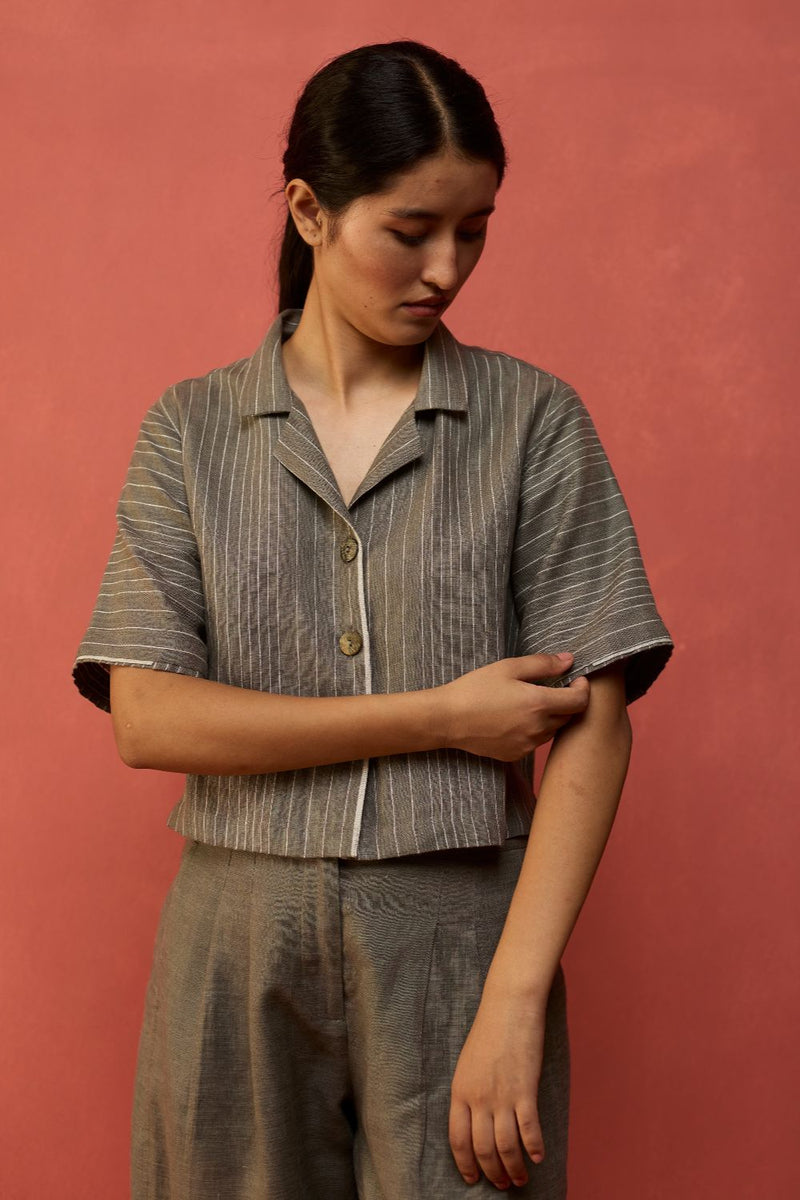 Shiro Stripe Linen Top - Grey by Manan for in Singapore