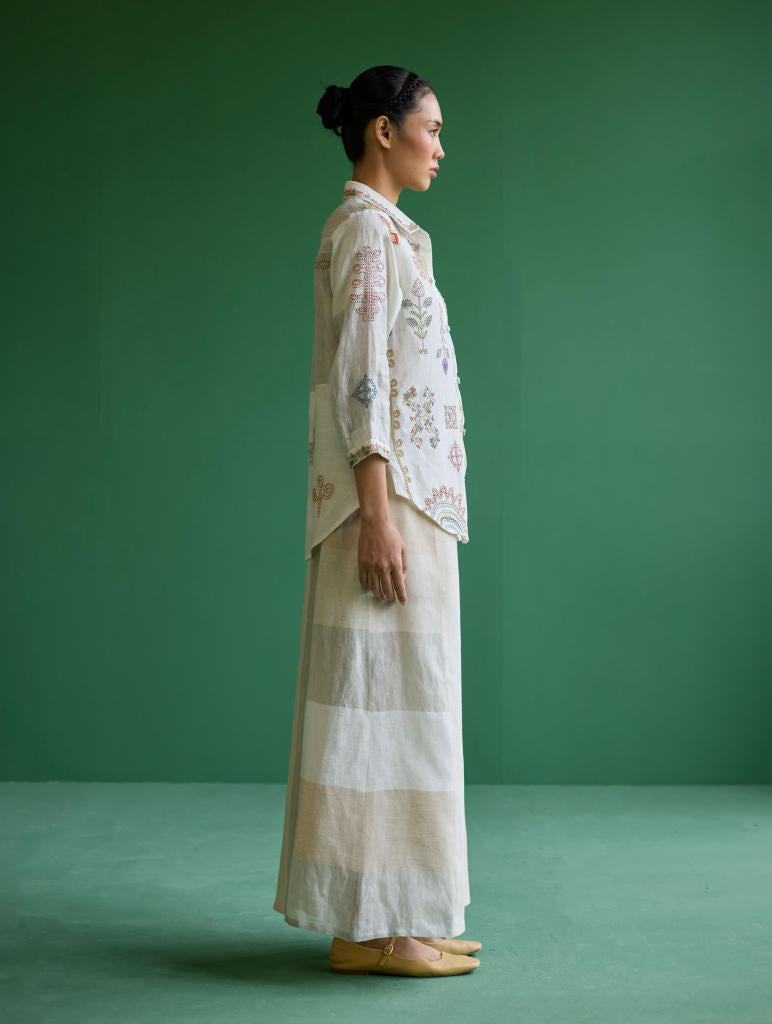 Tansa Hand-Embroidered Metallic Linen Shirt
 - Ivory linen by Manan in ivory color for women in Singapore