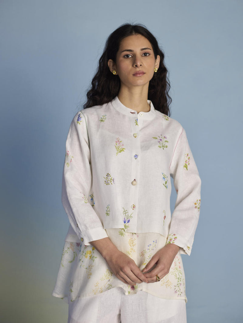 Leina Floral Linen A-Line Shirt - White linen by Manan in white color for women in Singapore
