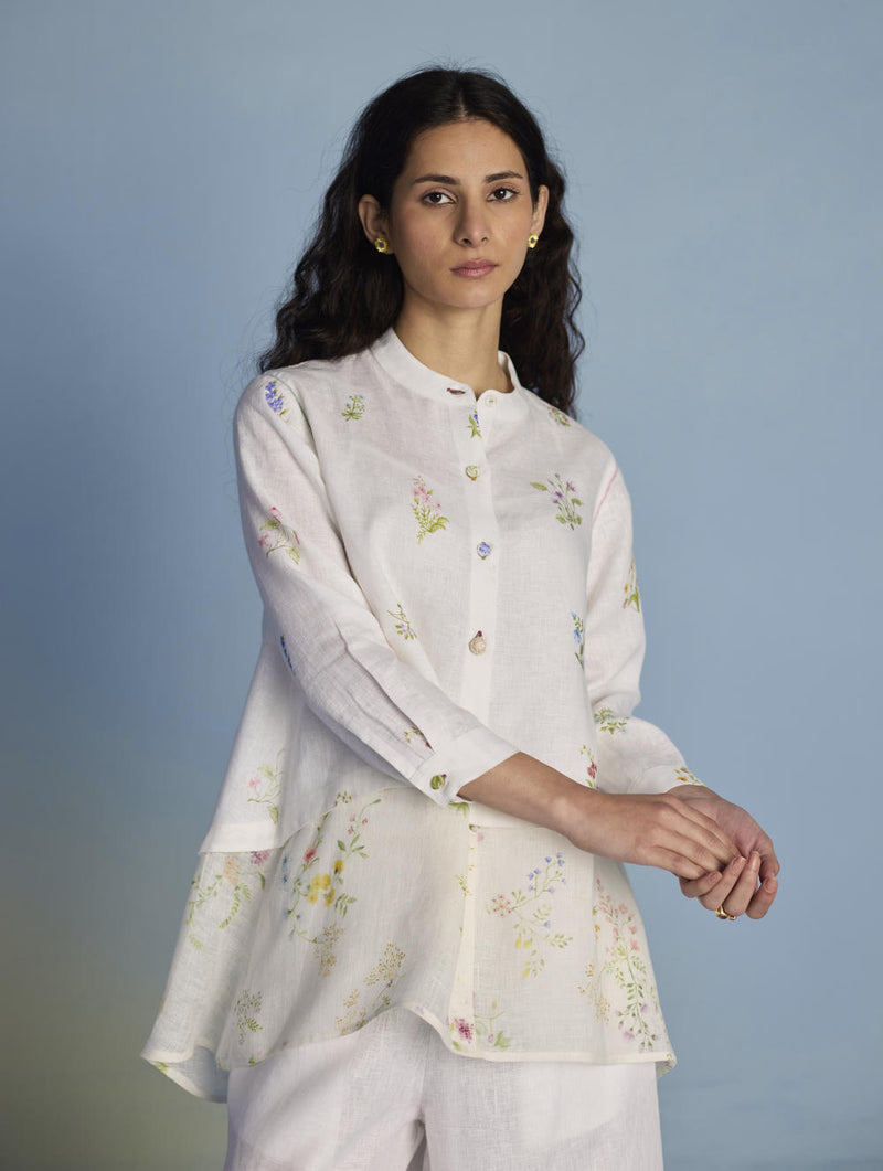 Leina Floral Linen A-Line Shirt - White linen by Manan in white color for women in Singapore