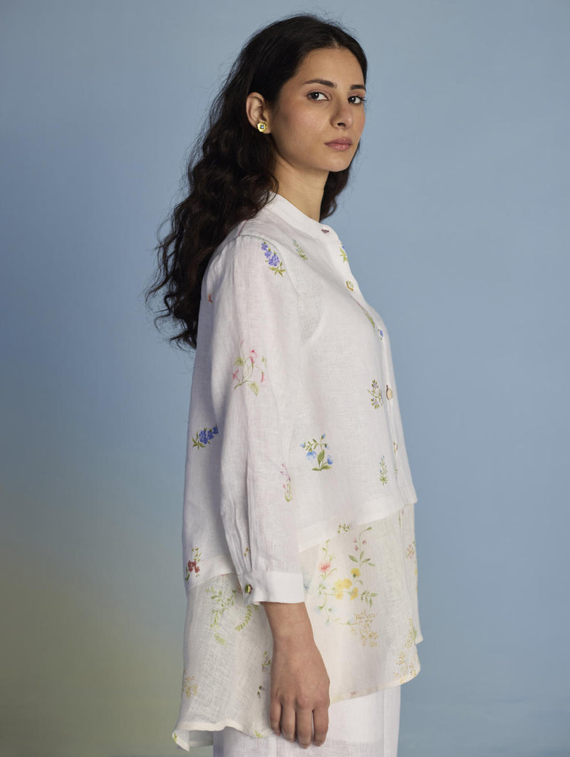 Leina Floral Linen A-Line Shirt - White linen by Manan in white color for women in Singapore