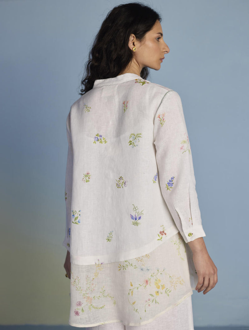 Leina Floral Linen A-Line Shirt - White linen by Manan in white color for women in Singapore