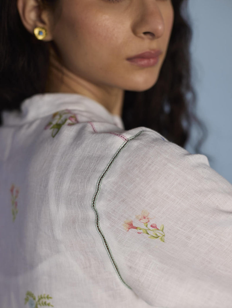 Leina Floral Linen A-Line Shirt - White linen by Manan in white color for women in Singapore