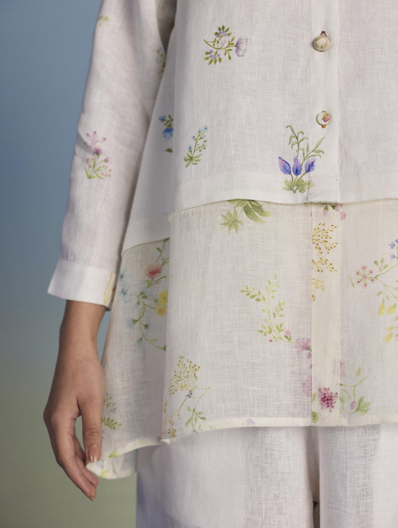 Leina Floral Linen A-Line Shirt - White linen by Manan in white color for women in Singapore