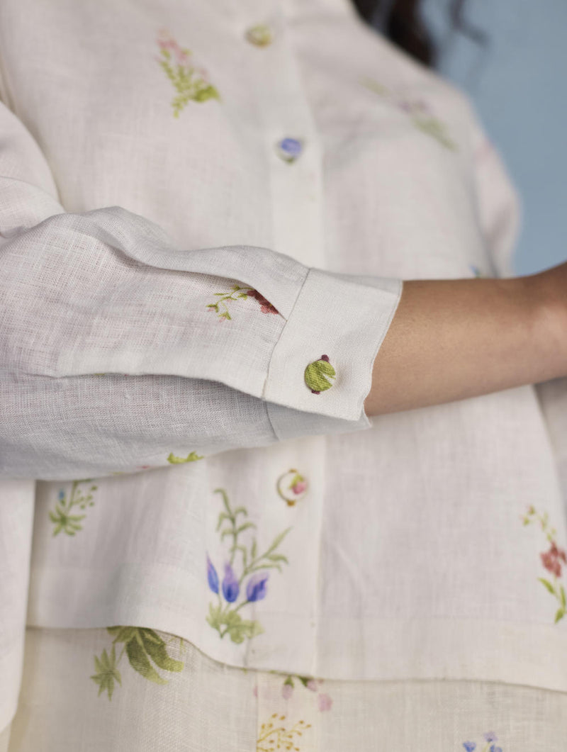 Leina Floral Linen A-Line Shirt - White linen by Manan in white color for women in Singapore