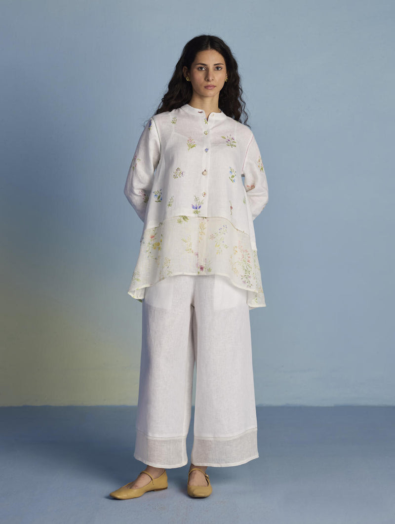 Leina Floral Linen A-Line Shirt - White linen by Manan in white color for women in Singapore