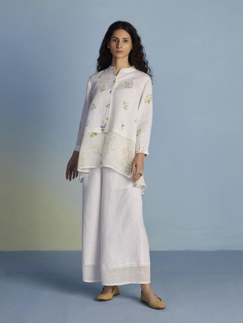 Leina Floral Linen A-Line Shirt - White linen by Manan in white color for women in Singapore