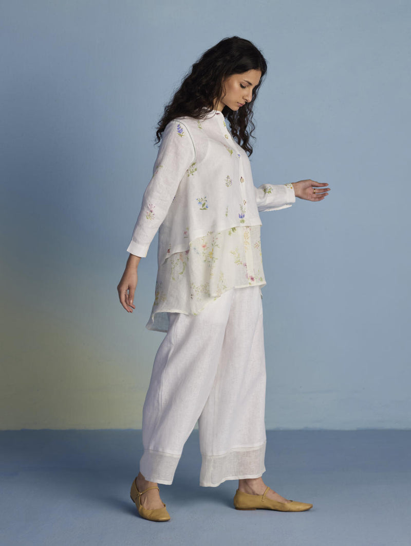 Leina Floral Linen A-Line Shirt - White linen by Manan in white color for women in Singapore