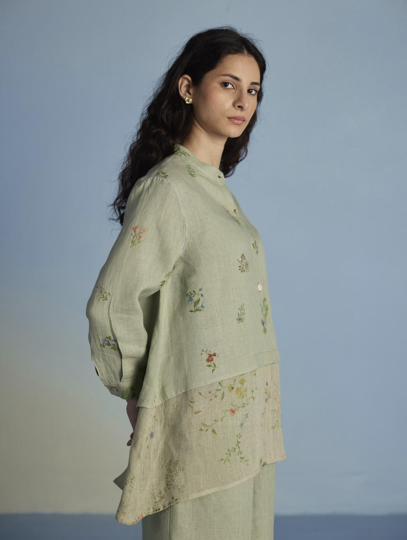 Leina A-Line Floral Linen Shirt - Mint linen by Manan in mint color for women in Singapore