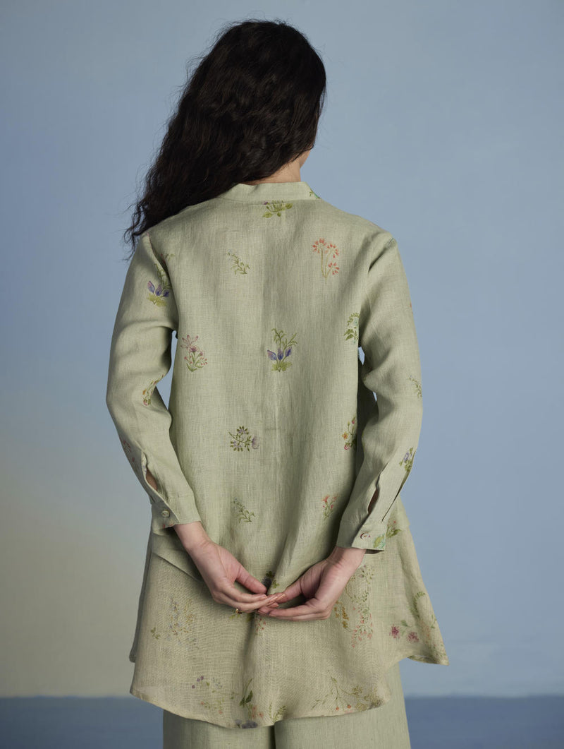 Leina A-Line Floral Linen Shirt - Mint linen by Manan in mint color for women in Singapore