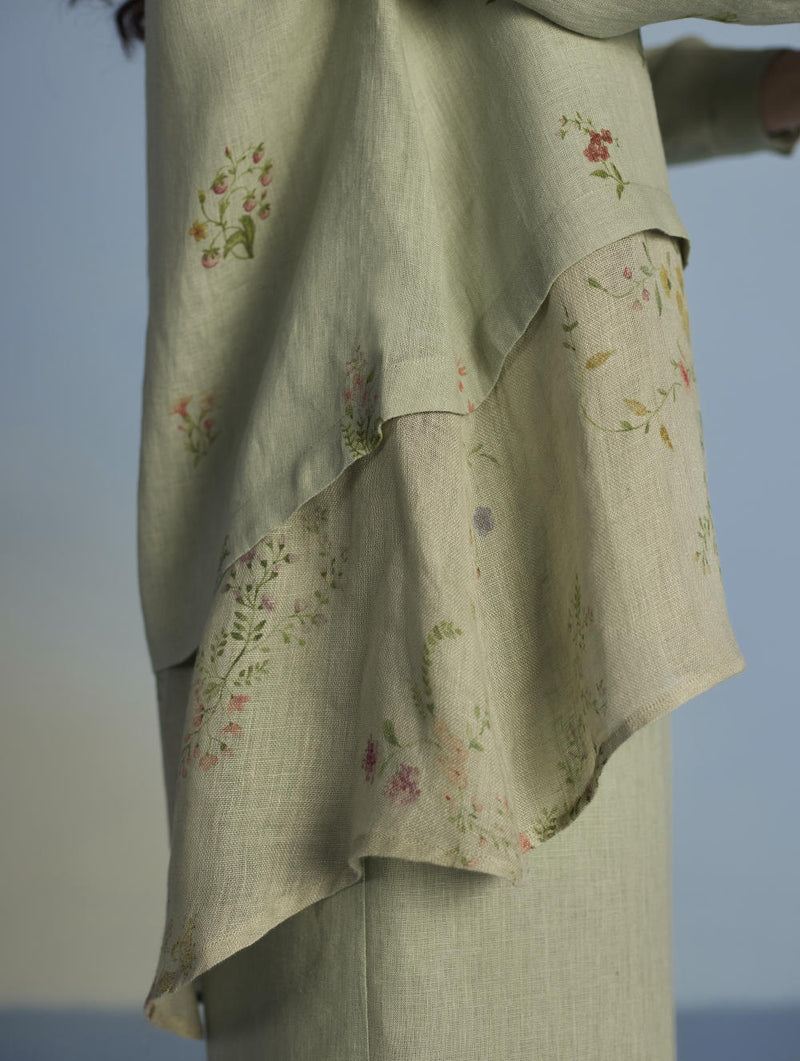 Leina A-Line Floral Linen Shirt - Mint linen by Manan in mint color for women in Singapore
