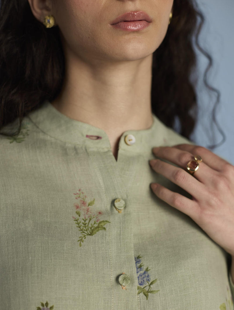 Leina A-Line Floral Linen Shirt - Mint linen by Manan in mint color for women in Singapore