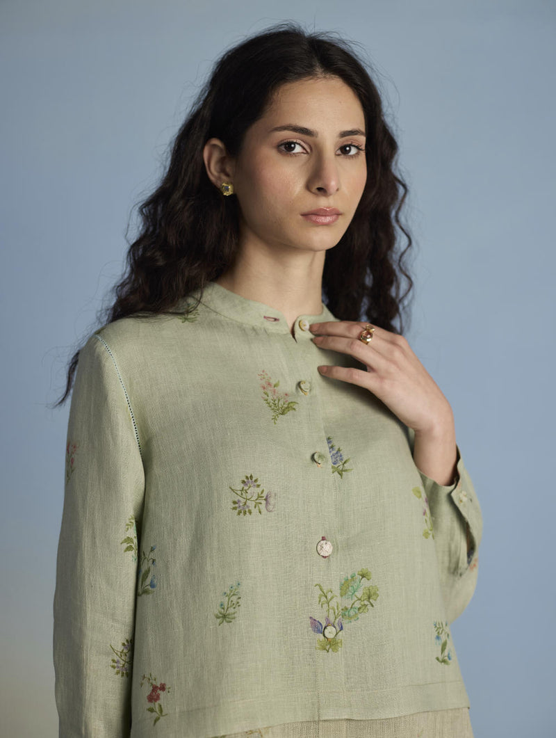 Leina A-Line Floral Linen Shirt - Mint linen by Manan in mint color for women in Singapore