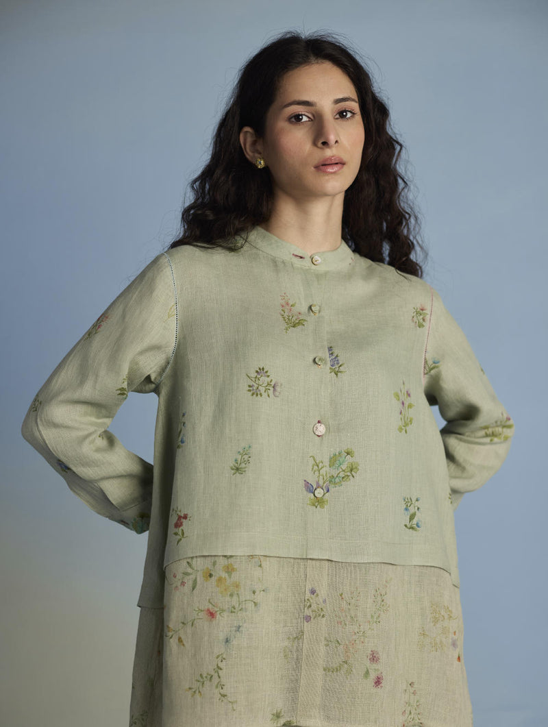 Leina A-Line Floral Linen Shirt - Mint linen by Manan in mint color for women in Singapore