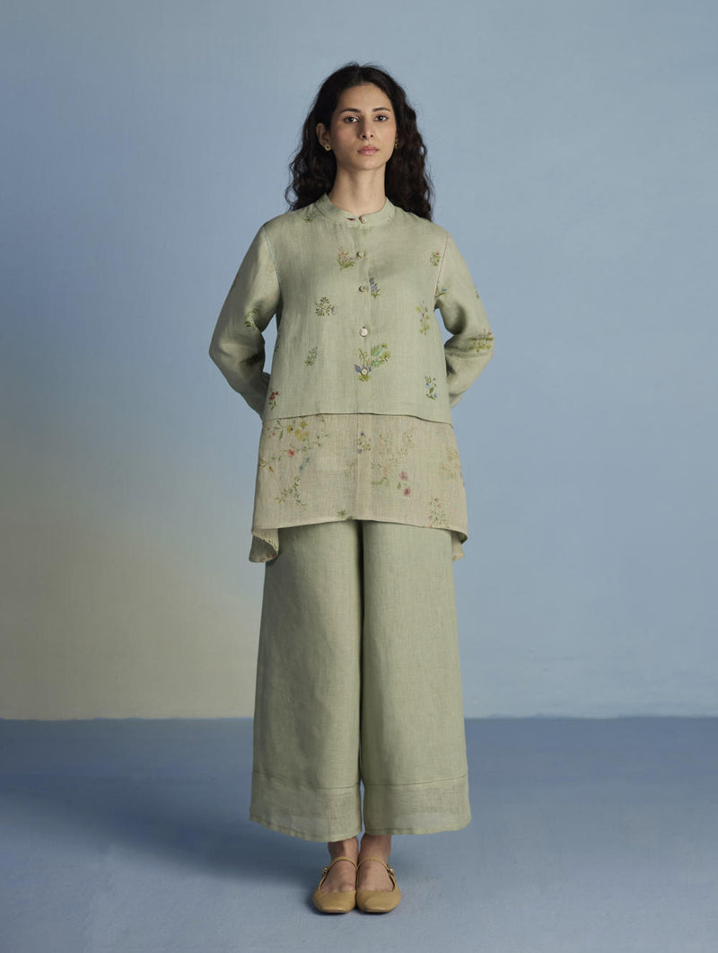 Leina A-Line Floral Linen Shirt - Mint linen by Manan in mint color for women in Singapore