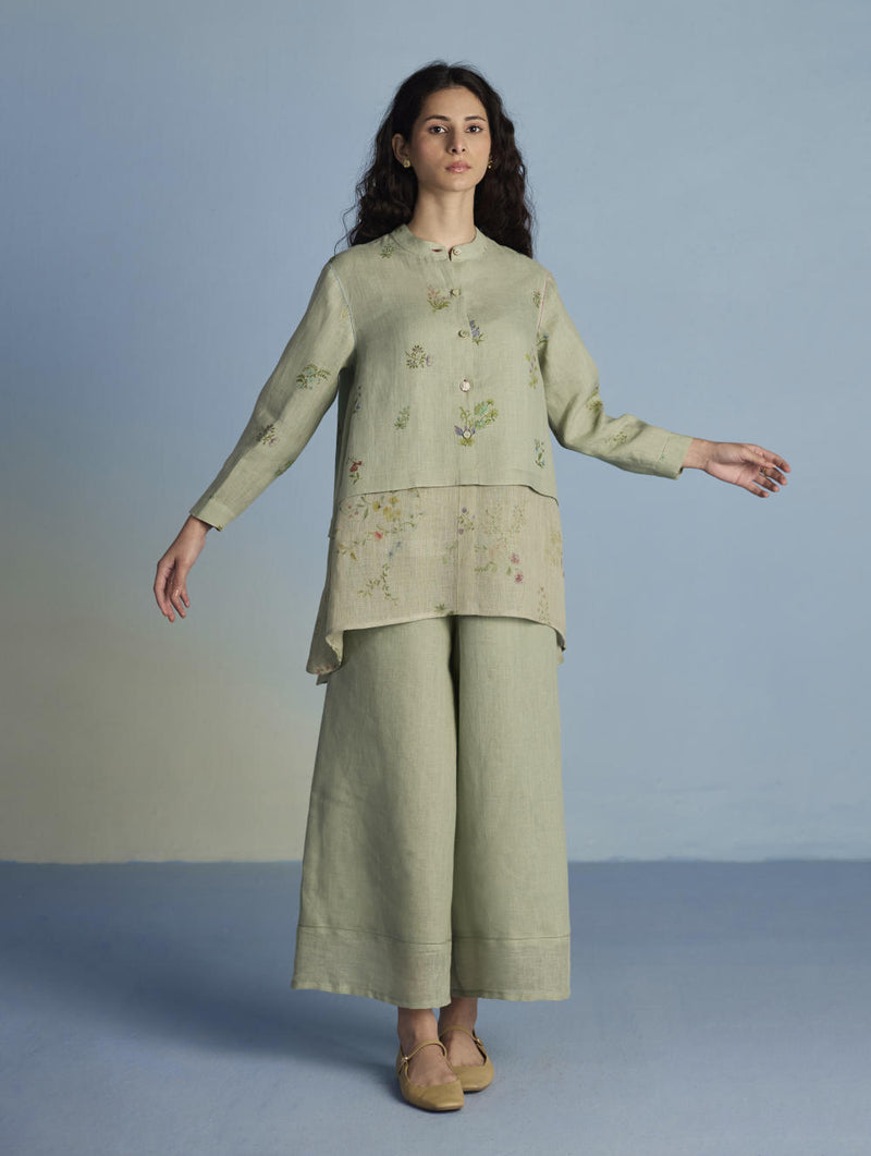 Leina A-Line Floral Linen Shirt - Mint linen by Manan in mint color for women in Singapore