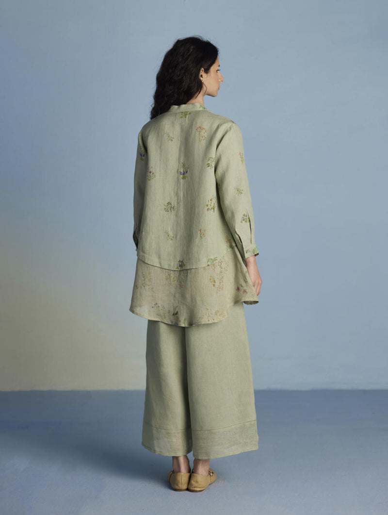 Leina A-Line Floral Linen Shirt - Mint linen by Manan in mint color for women in Singapore