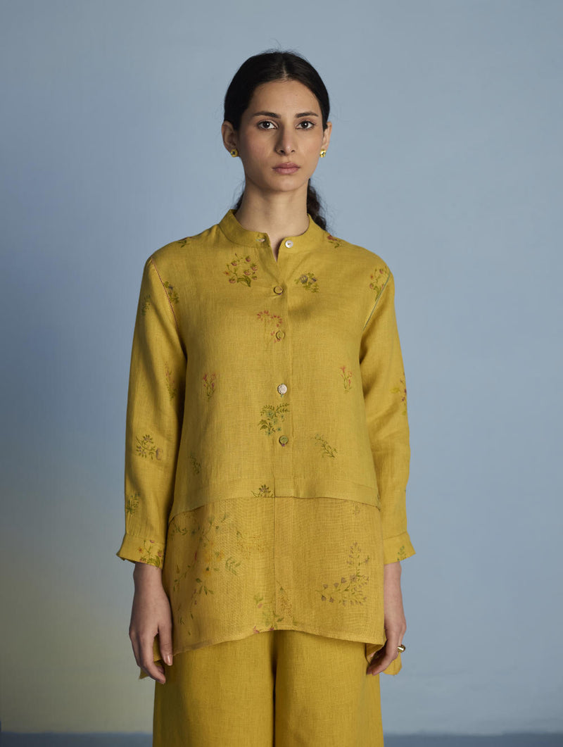 Leina A-Line Floral Linen Shirt - Ochre linen by Manan for women in Singapore