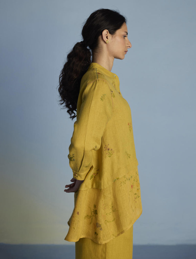 Leina A-Line Floral Linen Shirt - Ochre linen by Manan for women in Singapore