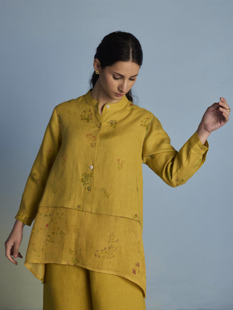 Leina A-Line Floral Linen Shirt - Ochre linen by Manan for women in Singapore