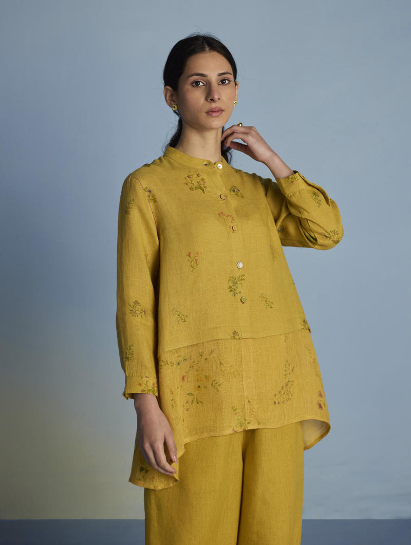 Leina A-Line Floral Linen Shirt - Ochre linen by Manan for women in Singapore
