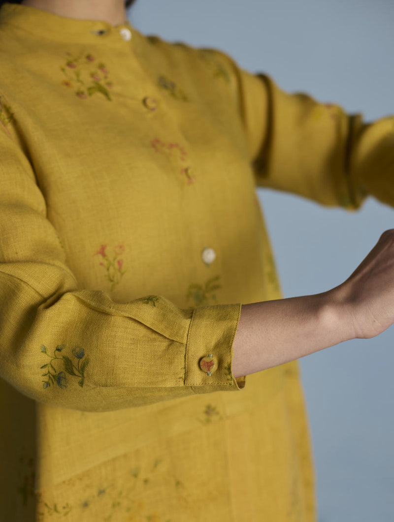 Leina A-Line Floral Linen Shirt - Ochre linen by Manan for women in Singapore