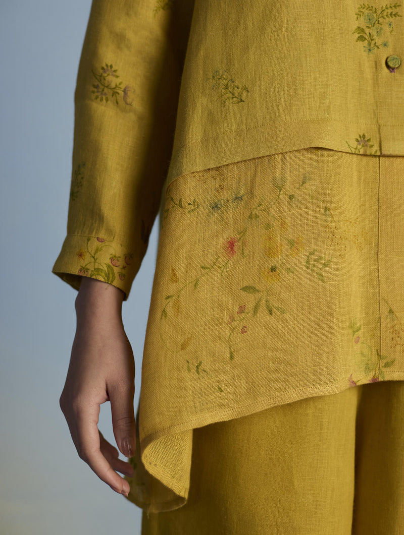 Leina A-Line Floral Linen Shirt - Ochre linen by Manan for women in Singapore