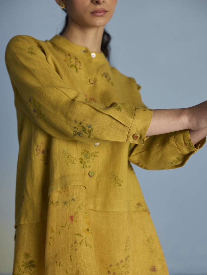Leina A-Line Floral Linen Shirt - Ochre linen by Manan for women in Singapore