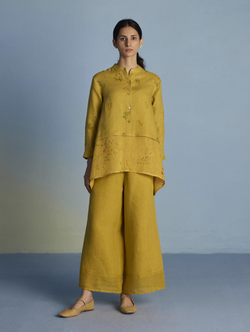 Leina A-Line Floral Linen Shirt - Ochre linen by Manan for women in Singapore