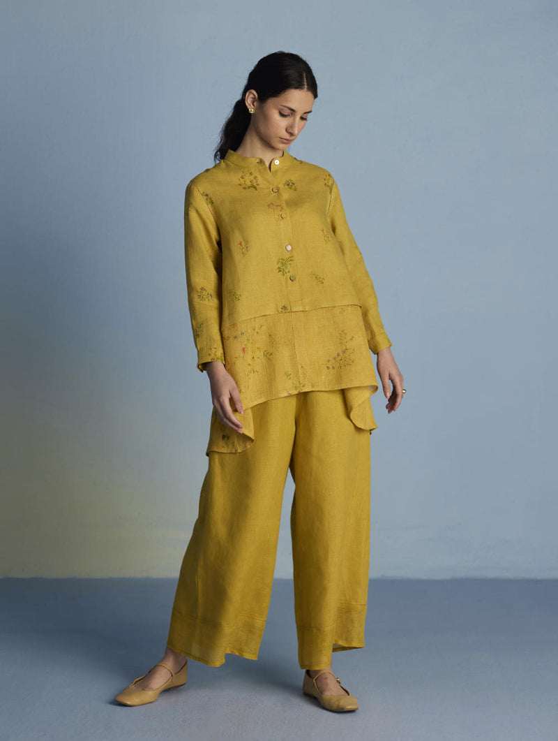 Leina A-Line Floral Linen Shirt - Ochre linen by Manan for women in Singapore