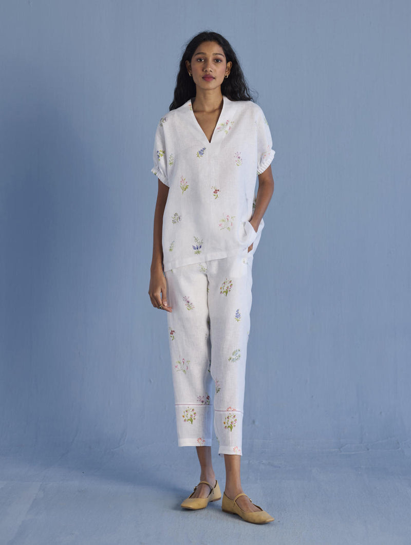 Mihen Elasticated Sleeve Linen Top - White linen by Manan in white color for women in Singapore