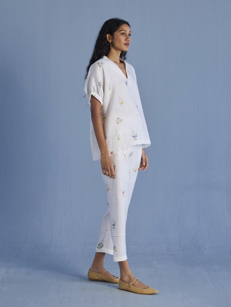 Mihen Elasticated Sleeve Linen Top - White linen by Manan in white color for women in Singapore