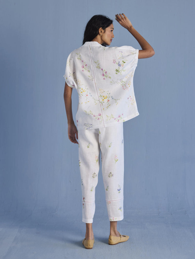Mihen Elasticated Sleeve Linen Top - White linen by Manan in white color for women in Singapore