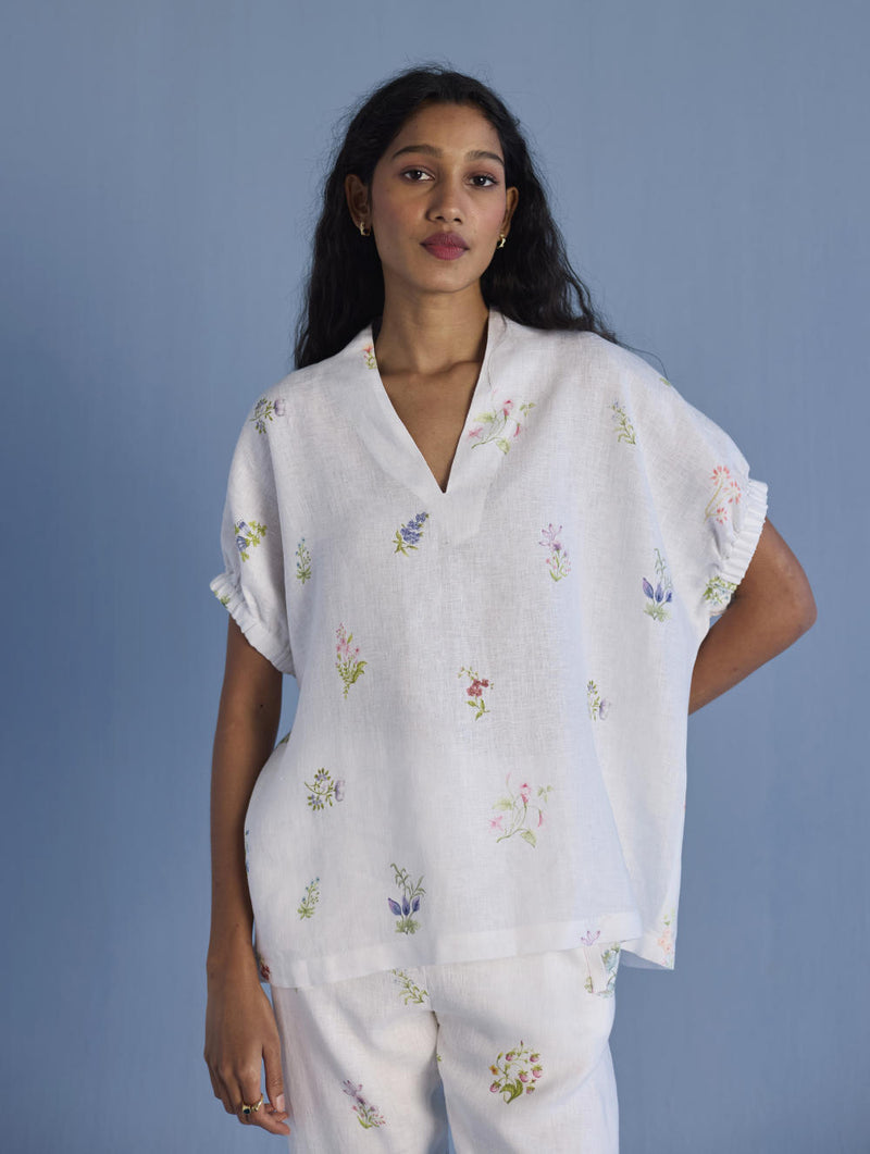 Mihen Elasticated Sleeve Co-ord Set - White linen by Manan in white color for women in Singapore