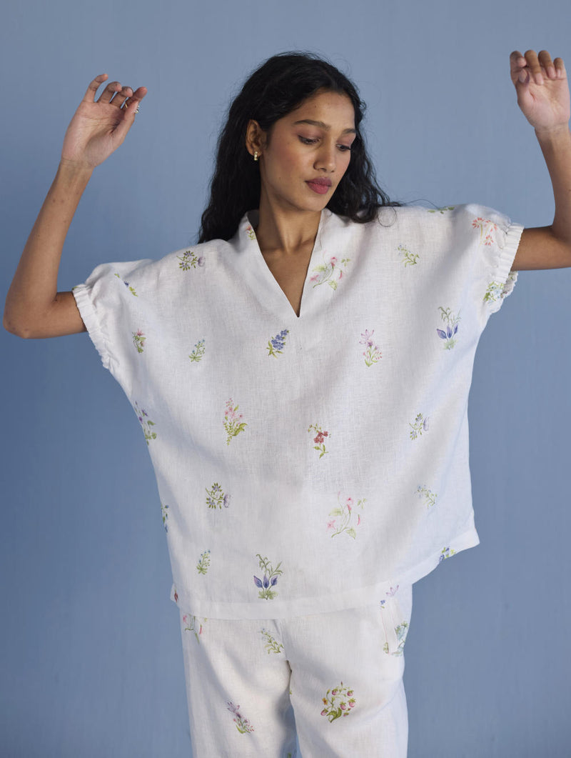 Mihen Elasticated Sleeve Linen Top - White linen by Manan in white color for women in Singapore