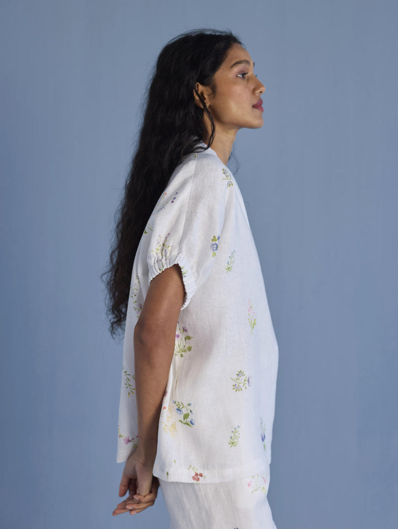 Mihen Elasticated Sleeve Linen Top - White linen by Manan in white color for women in Singapore