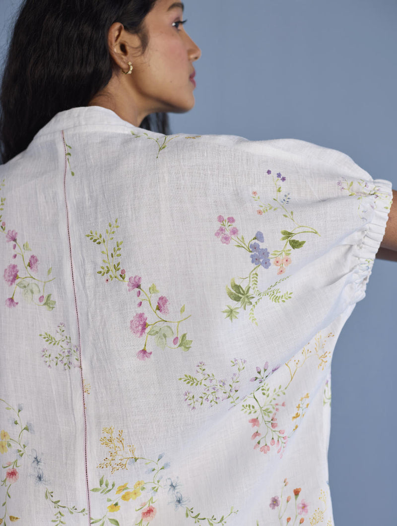 Mihen Elasticated Sleeve Linen Top - White linen by Manan in white color for women in Singapore