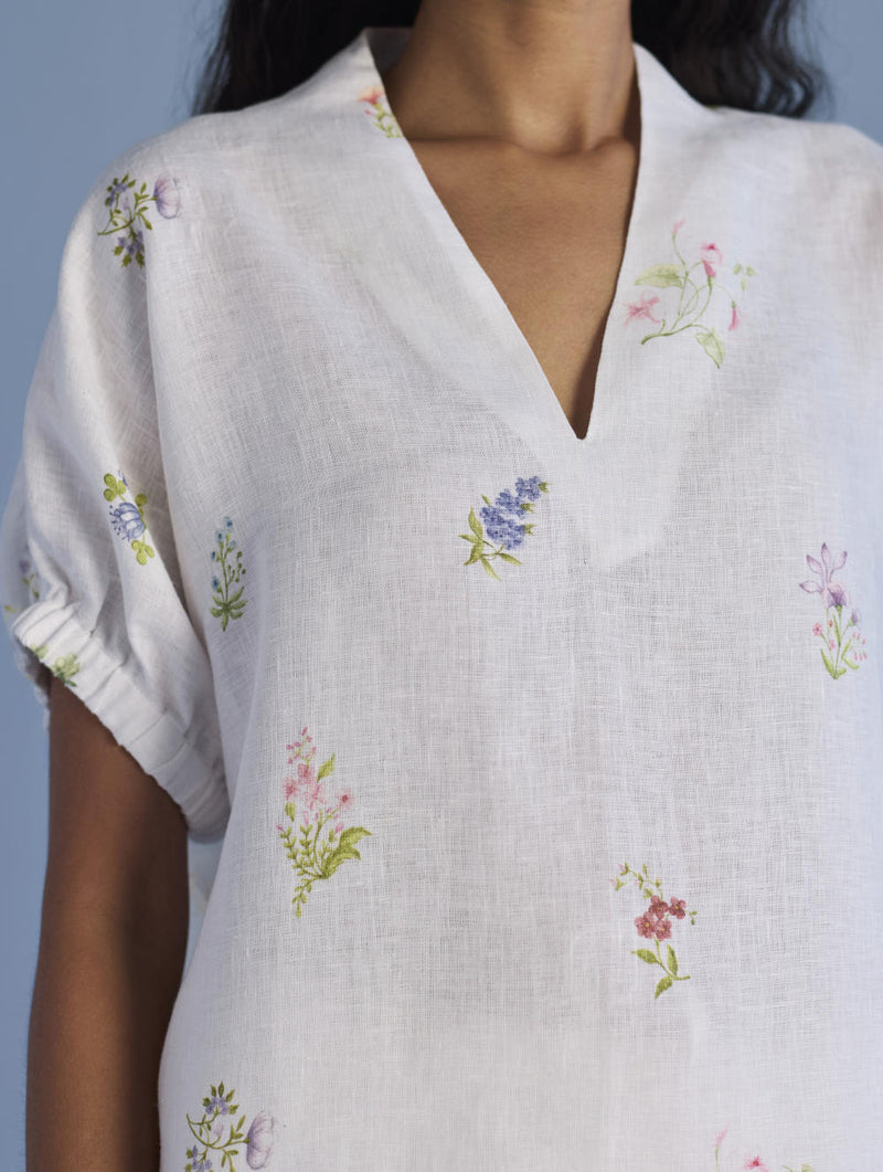 Mihen Elasticated Sleeve Linen Top - White linen by Manan in white color for women in Singapore