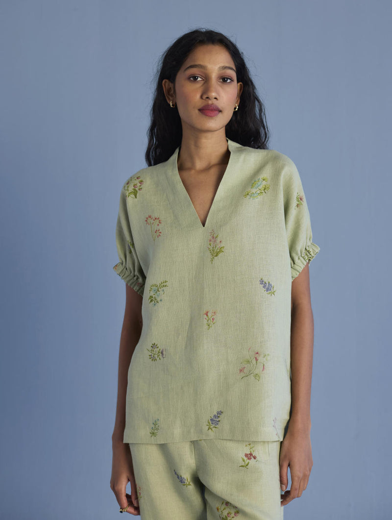 Mihen Elasticated Sleeve Co-ord Set - Mint linen by Manan in mint color for women in Singapore