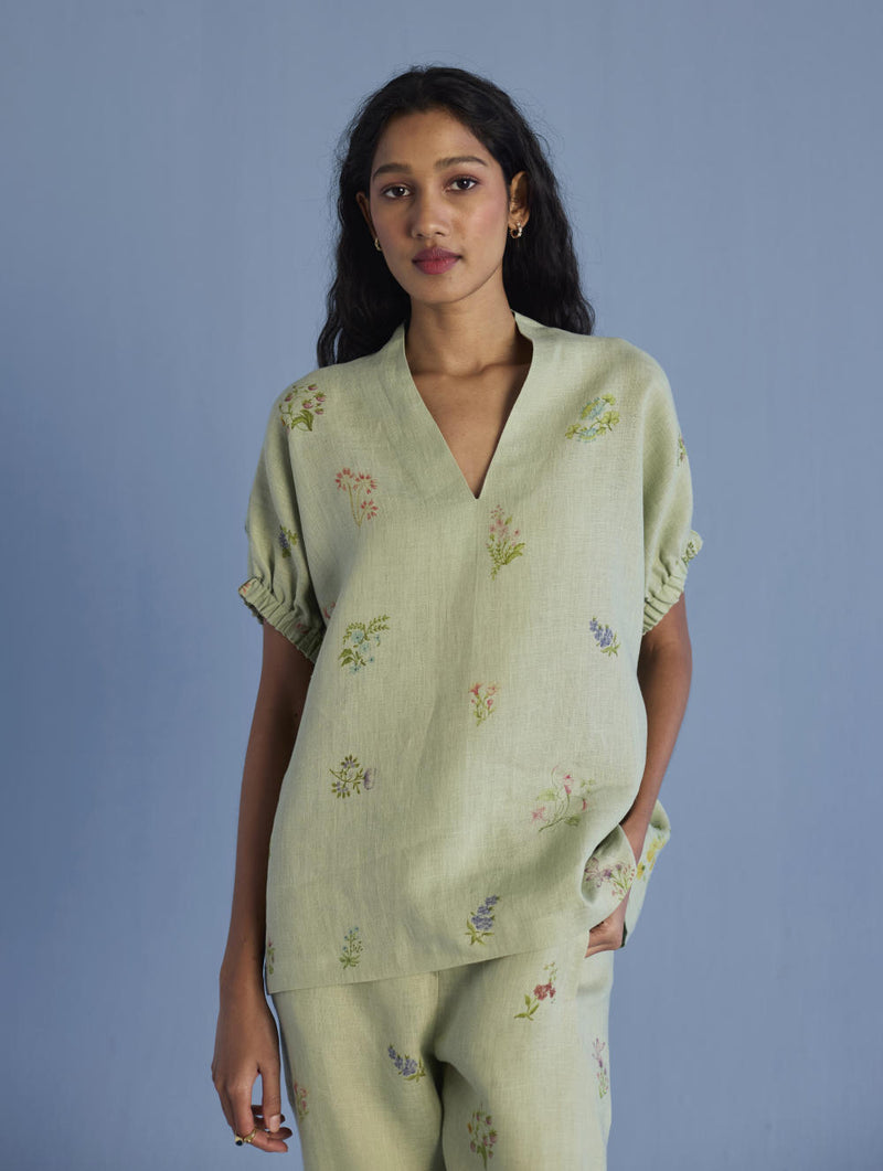 Mihen Elasticated Sleeve Co-ord Set - Mint linen by Manan in mint color for women in Singapore