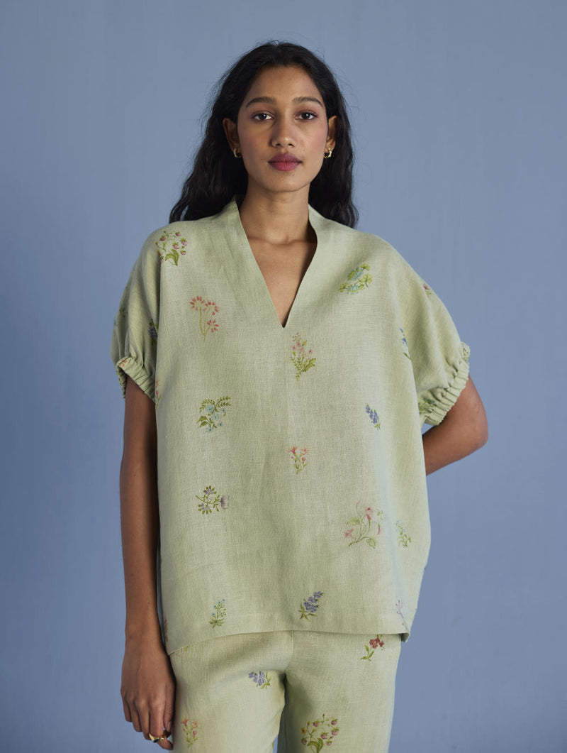 Mihen Elasticated Sleeve Co-ord Set - Mint linen by Manan in mint color for women in Singapore