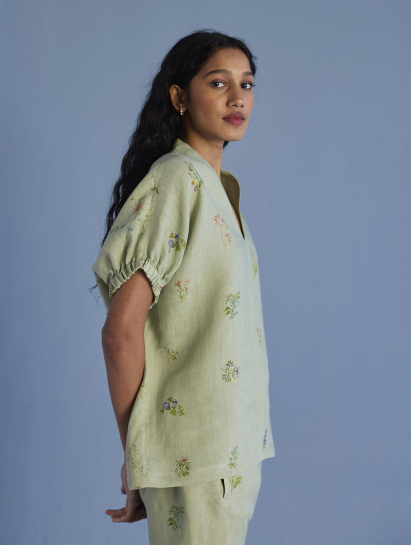 Mihen Elasticated Sleeve Co-ord Set - Mint linen by Manan in mint color for women in Singapore