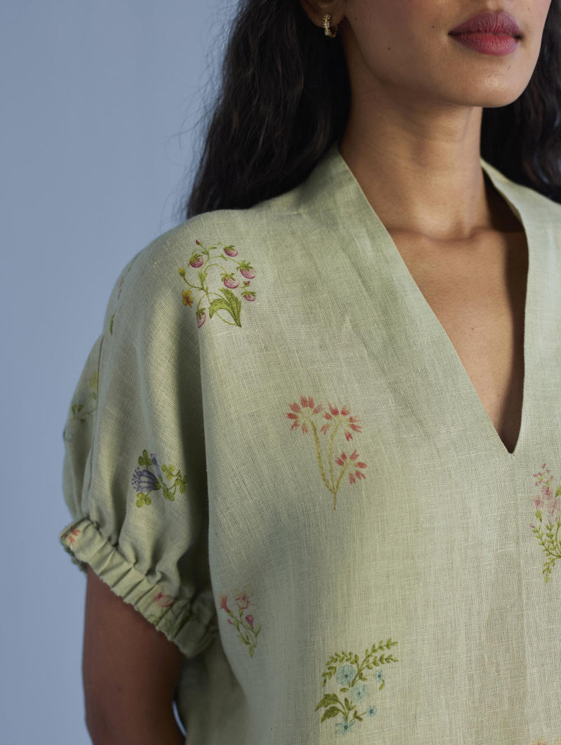Mihen Elasticated Sleeve Co-ord Set - Mint linen by Manan in mint color for women in Singapore