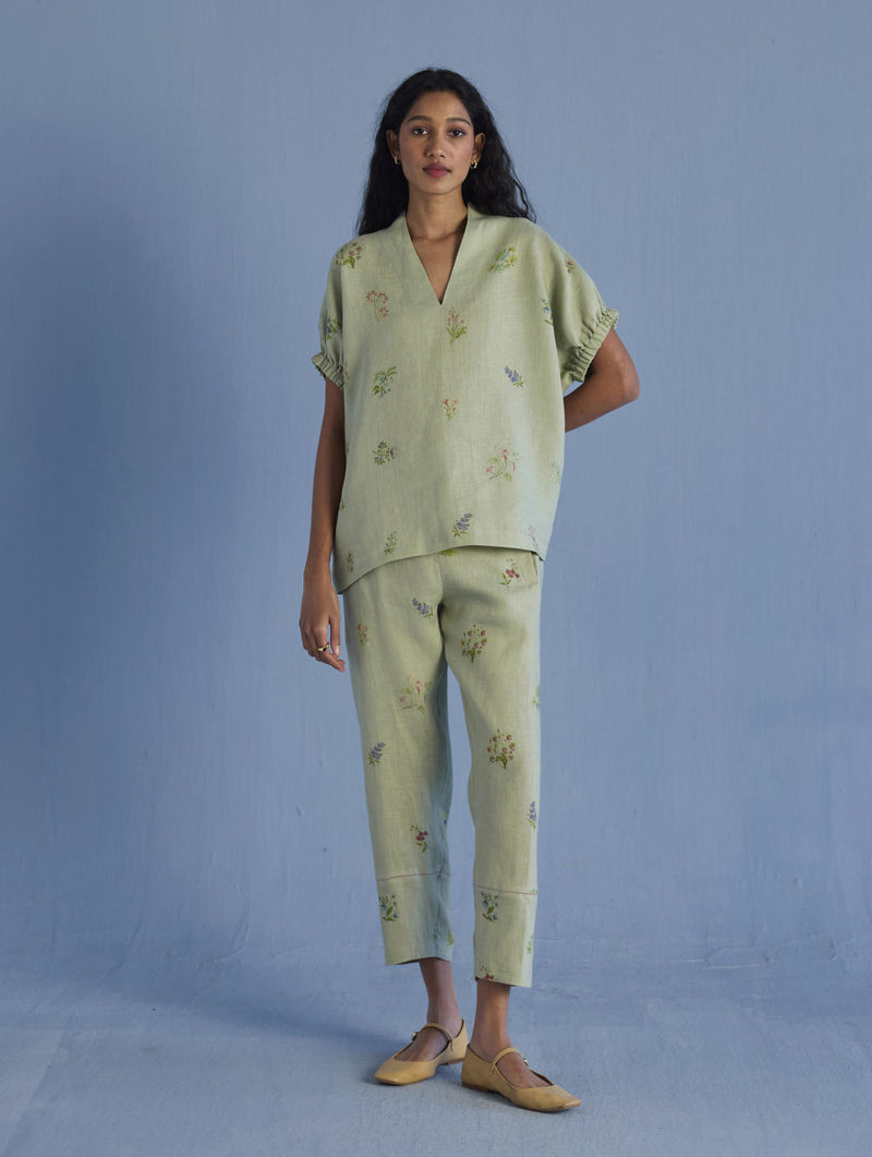 Mihen Elasticated Sleeve Co-ord Set - Mint linen by Manan in mint color for women in Singapore