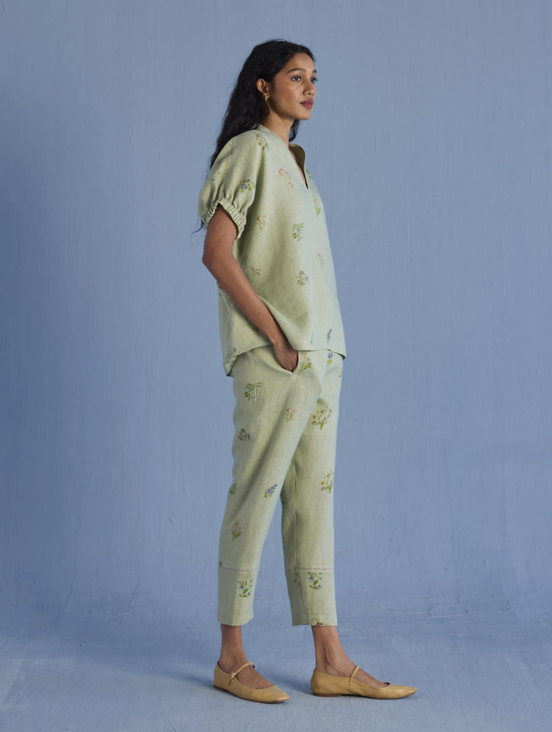 Mihen Elasticated Sleeve Co-ord Set - Mint linen by Manan in mint color for women in Singapore