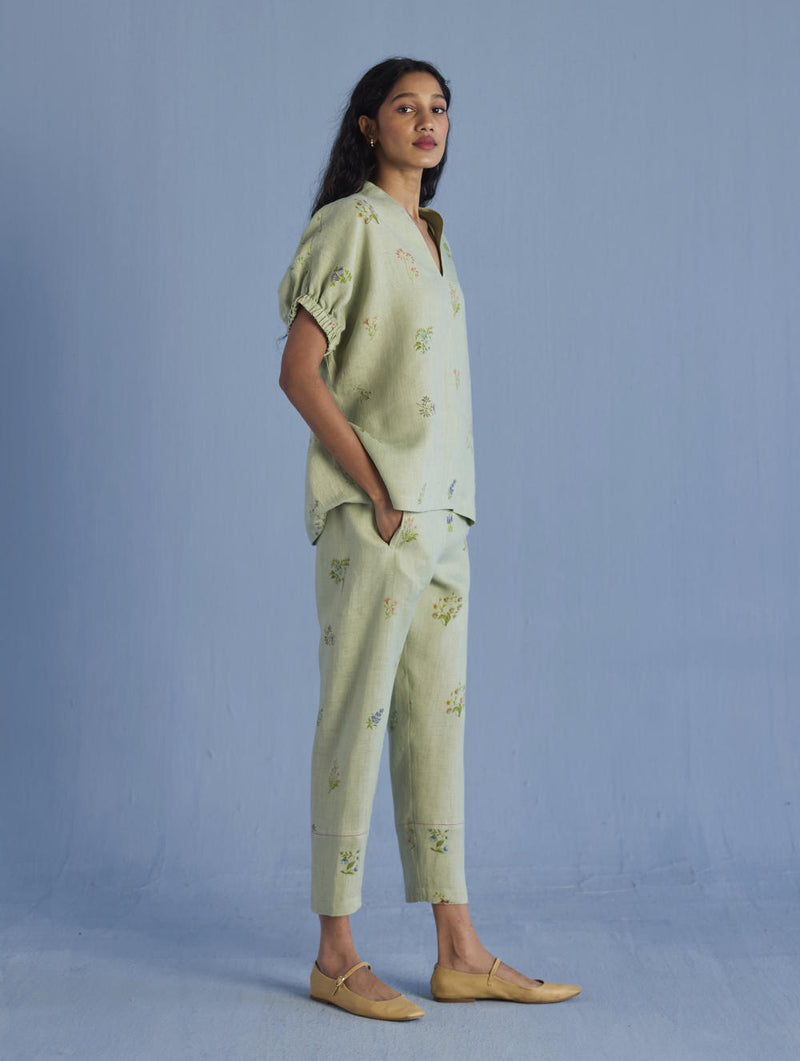 Mihen Elasticated Sleeve Co-ord Set - Mint linen by Manan in mint color for women in Singapore