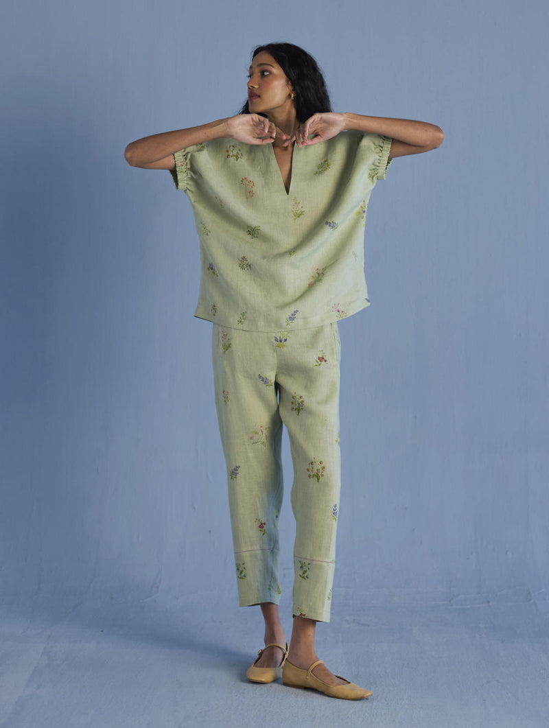 Mihen Elasticated Sleeve Co-ord Set - Mint linen by Manan in mint color for women in Singapore